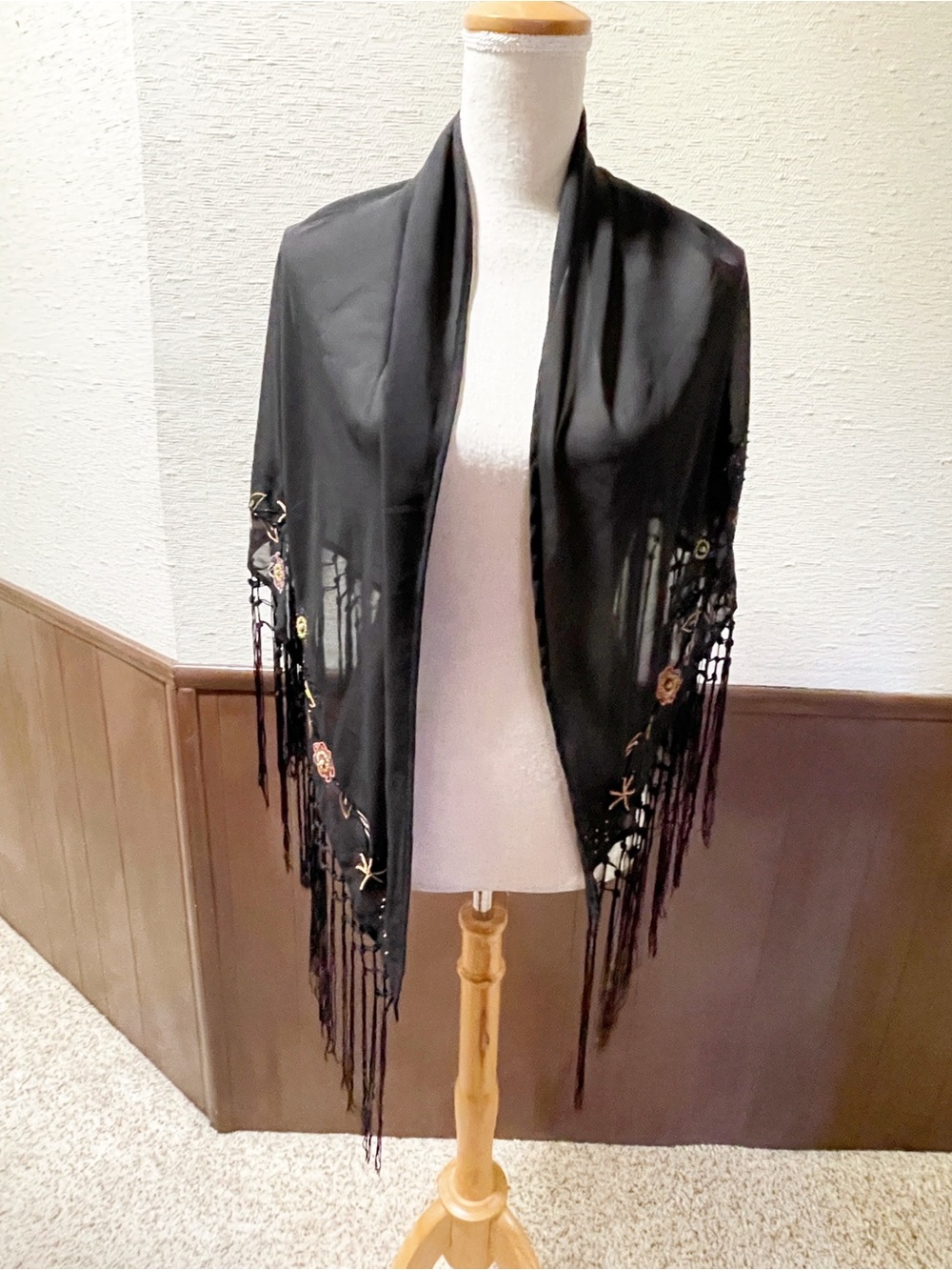 Black beaded Embroidered Fringe Shawl - Kenneth Cole